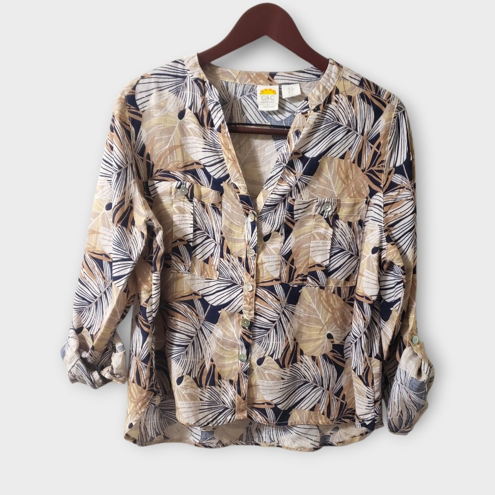 C&C California Womens 100% Linen Tropical Palm Leaf Button Down Shirt M Tan Blue